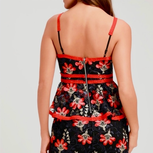 LULU’S Flirty Karina Floral Embroidered Mesh Peplum Dress—SZ. Small - Picture 5 of 17